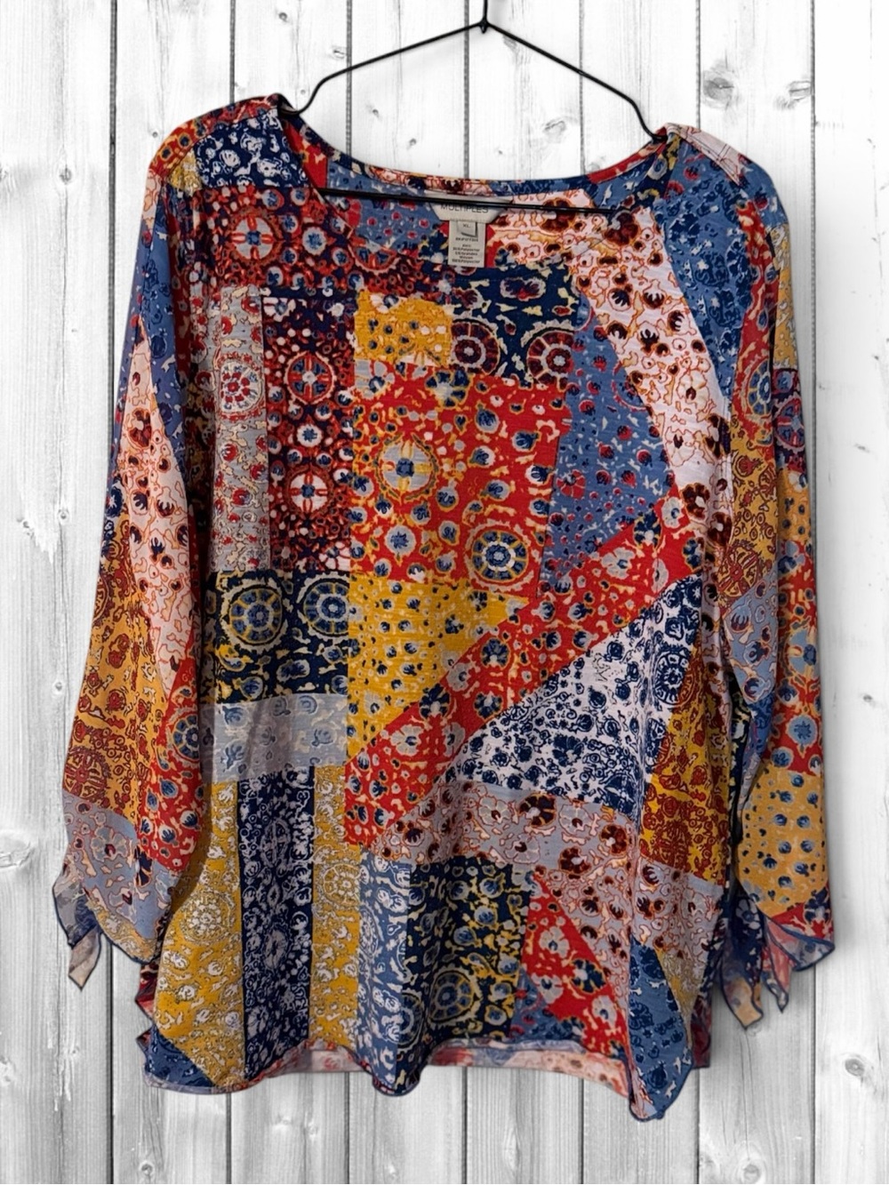🌼Multiples Multicolor Patchwork Print Blouse-Tie Sleeves